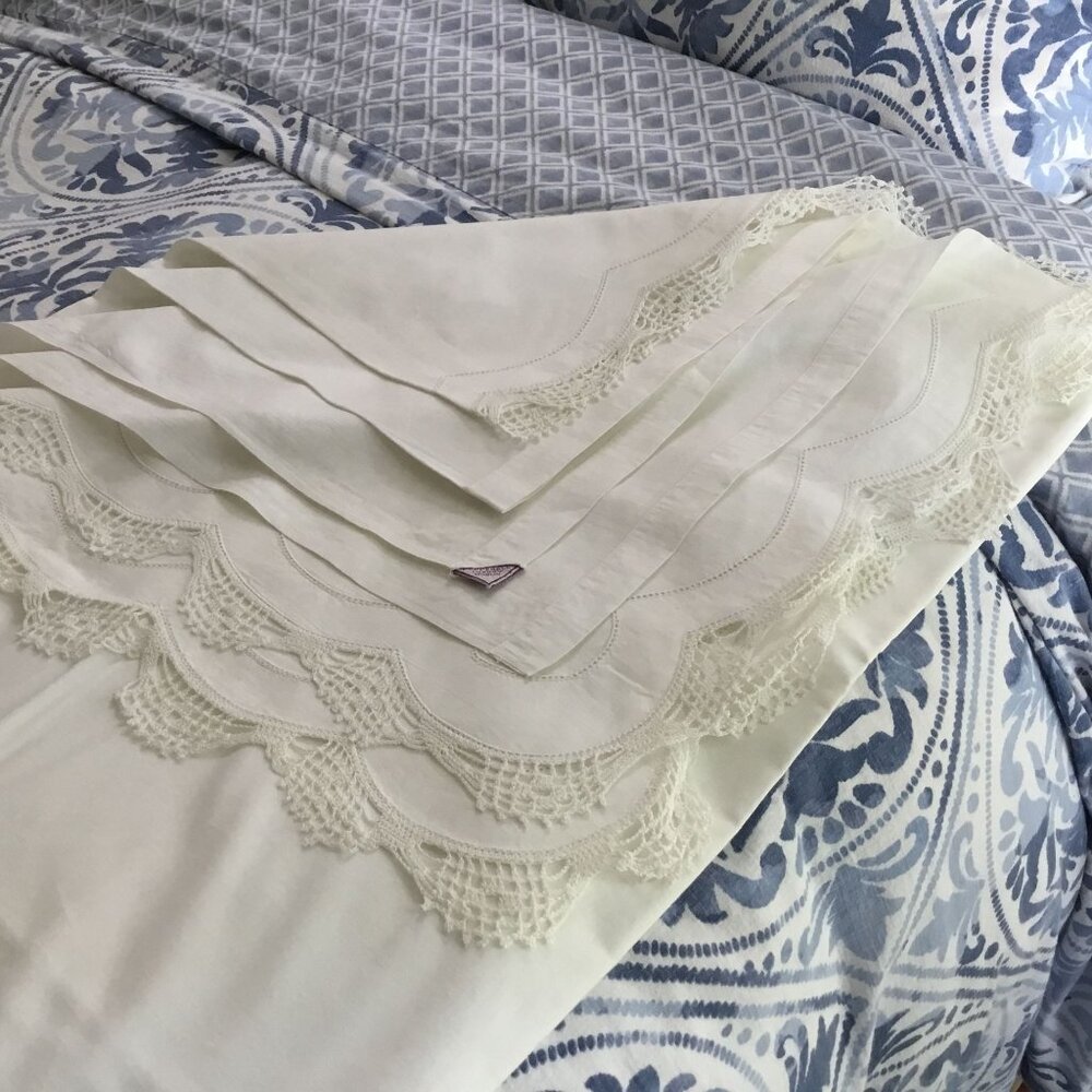 VTG Pepperell 2 Muslin Ivory Flat Sheets Crochet Trim NOS Cottagecore Farmhouse